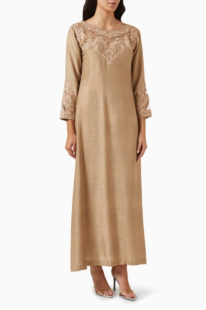 Embroidered Kaftan in Raw Silk, Gold