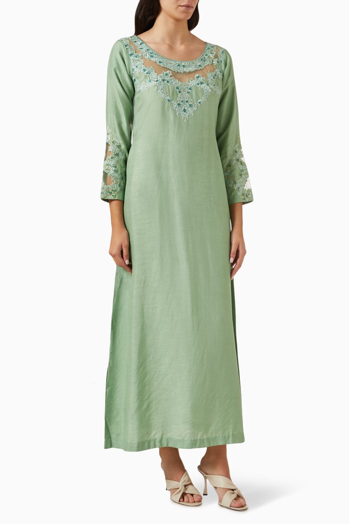 

Embroidered Kaftan in Raw Silk, Green