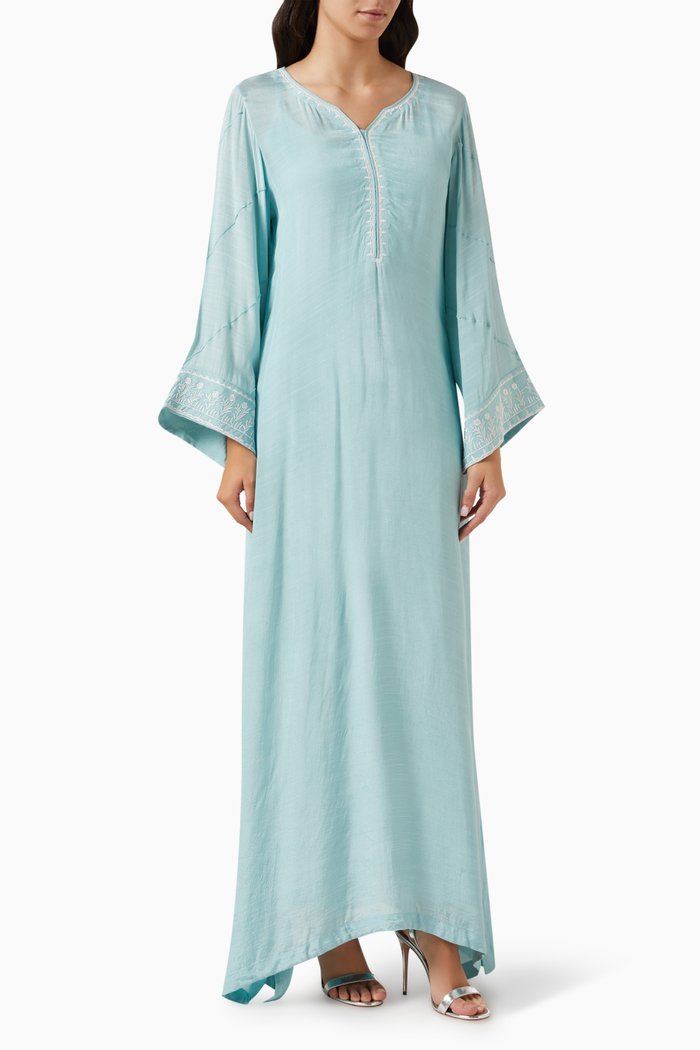 

Embellished Kaftan in Cotton Silk Blend, Blue