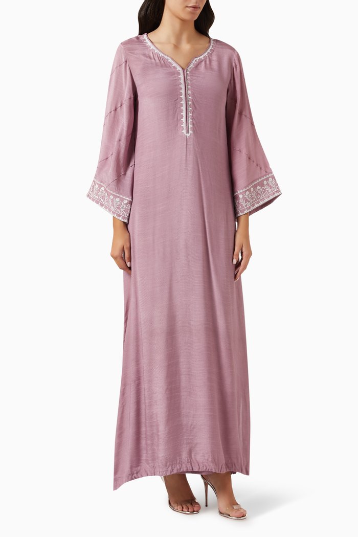 Embellished Kaftan in Cotton Silk Blend, Purple