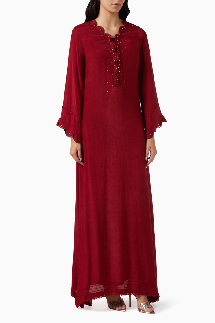 

Embellished Kaftan in Cotton Silk Blend, Red