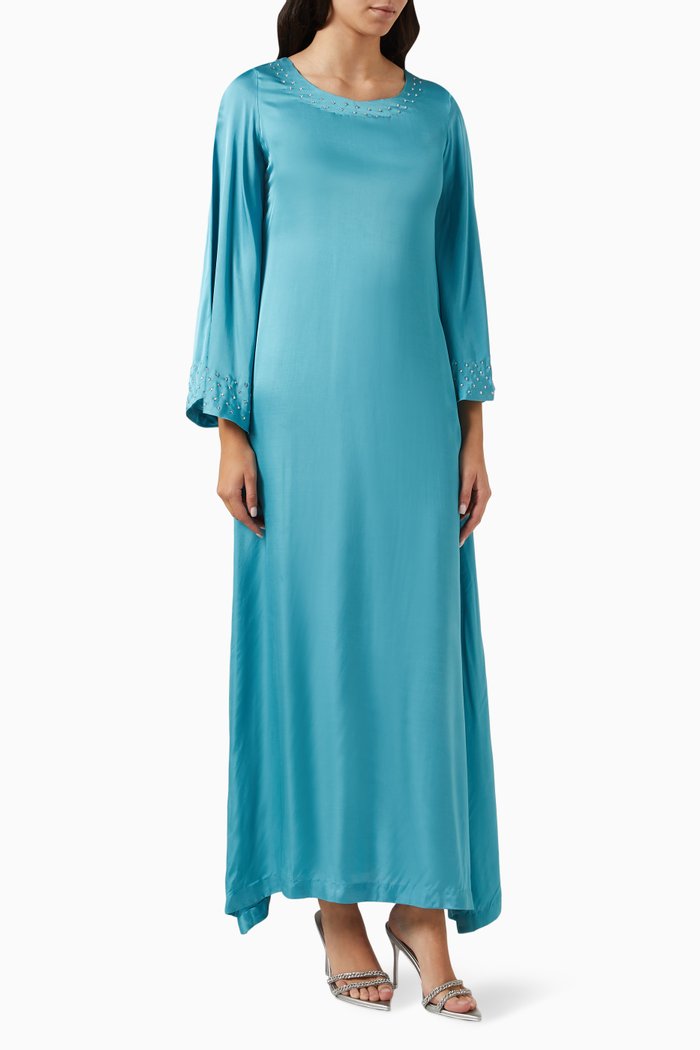 

Embellished Kaftan in Cotton Silk Blend, Blue