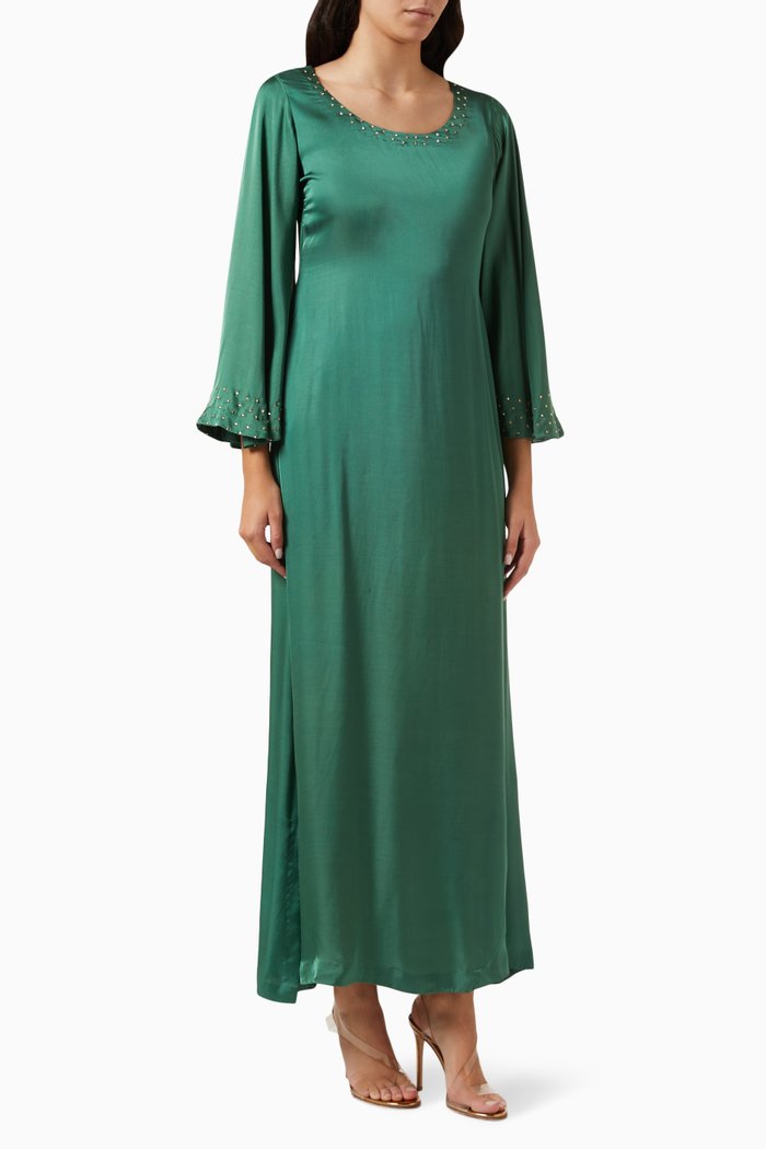 

Embellished Kaftan in Cotton Silk Blend, Green
