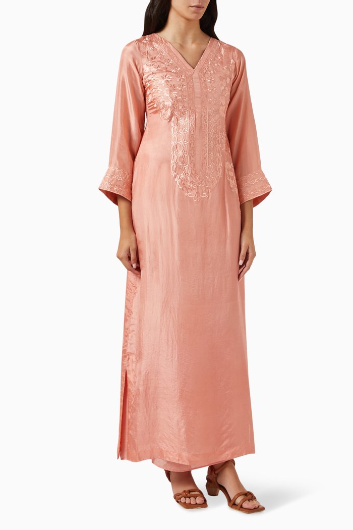 Embroidered Kaftan in Silk, Orange