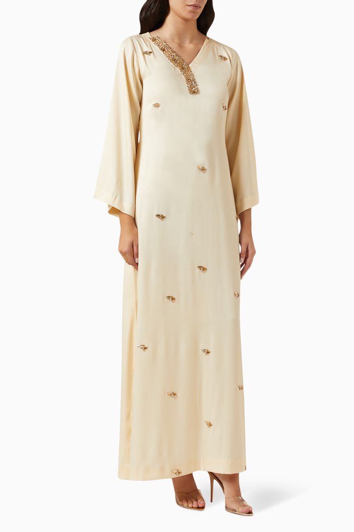 

Embellished Kaftan in Crepe Satin, Gold