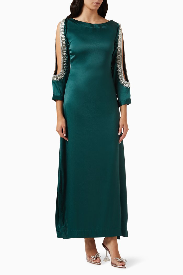 

Embellished Kaftan in Crepe Satin, Green