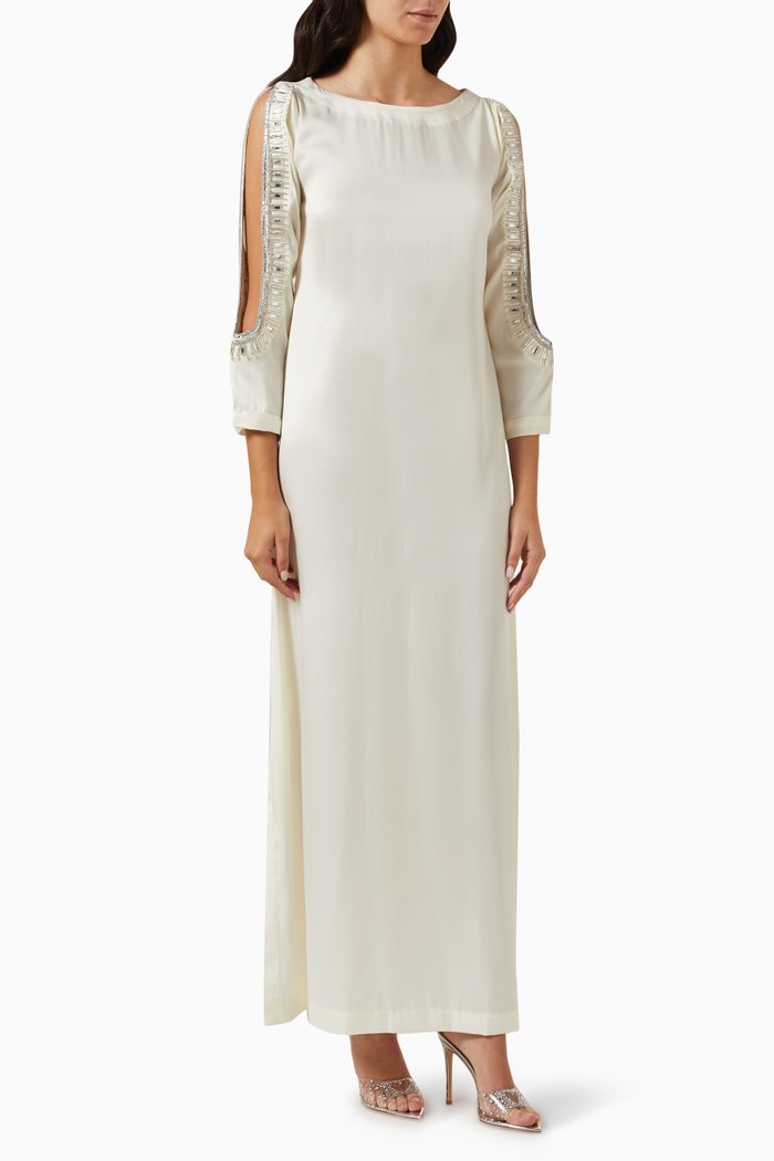 

Embellished Kaftan in Crepe Satin, Neutral