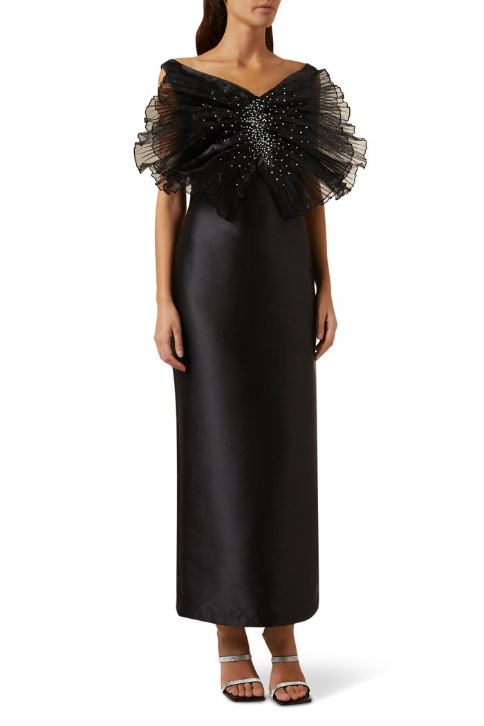 

Embellished Ruched Dress in Satin, Black