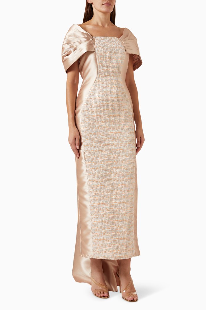 

Cape-sleeve Maxi Dress in Jacquard, Neutral