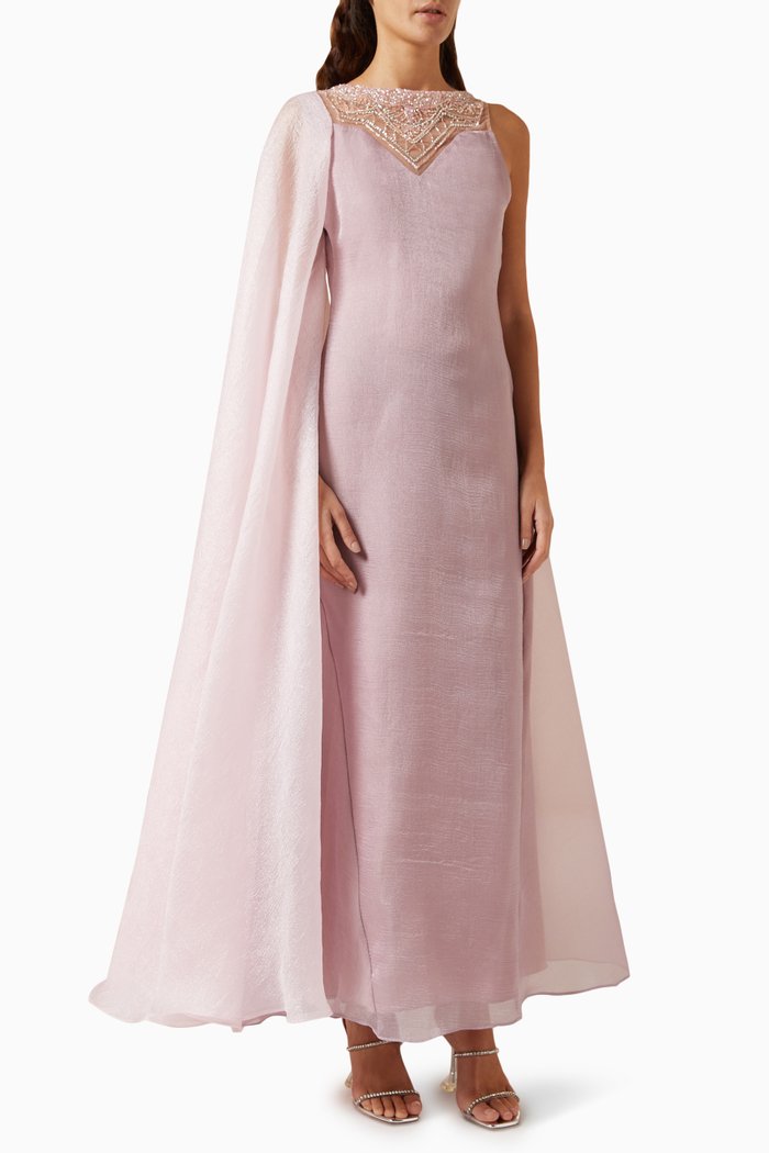

Embellished One-sleeve Dress in Organza, Pink
