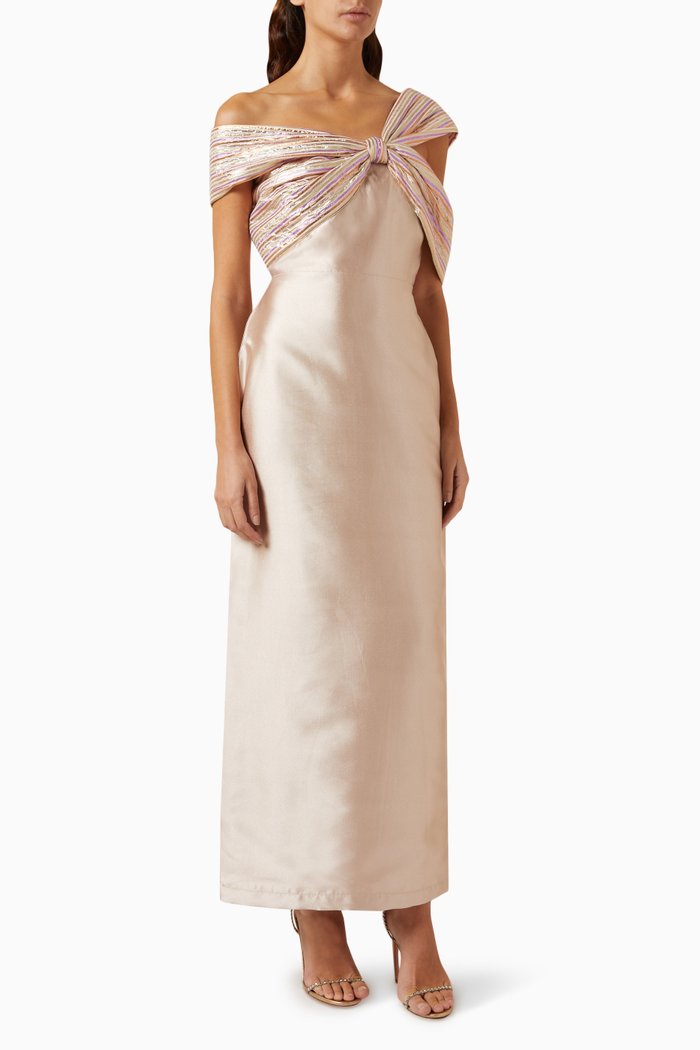 

Metallic-stripe Knotted Maxi Dress in Satin, Silver