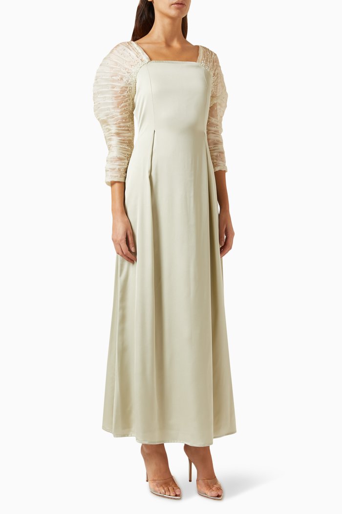 

Pearl-embellished Organza Sleeve Maxi Dress, Green
