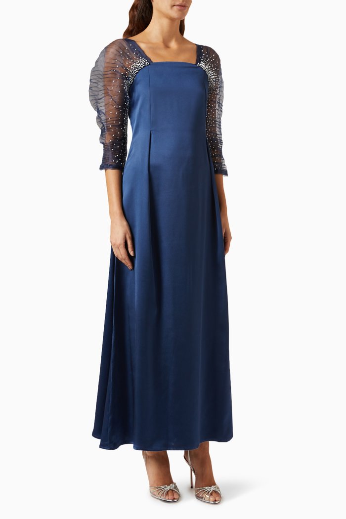 Pearl-embellished Organza Sleeve Maxi Dress, Blue