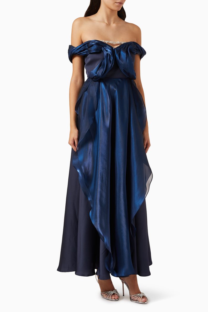 

Embellished Off-the-shoulders Dress in Stretch-satin, Blue