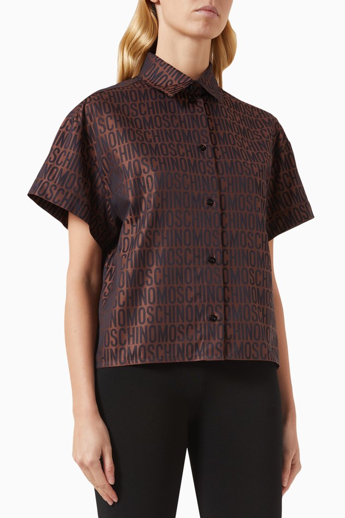 

Logo Print Shirt in Cotton Poplin Jacquard, Brown