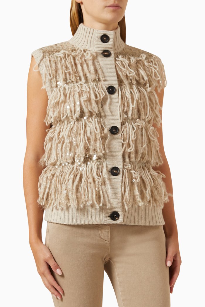 Fringes Sleeveless Cardigan in Knit, Neutral