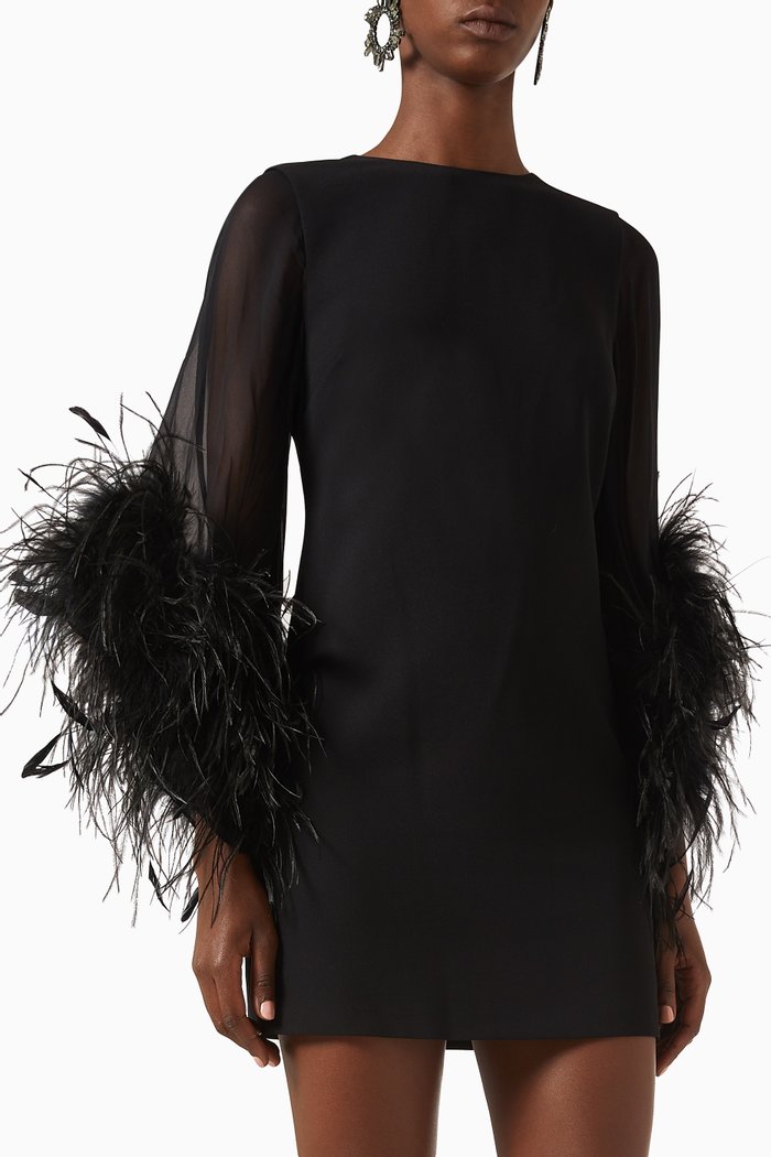 

Izola Feather-trimmed Mini Dress in Crepe, Black