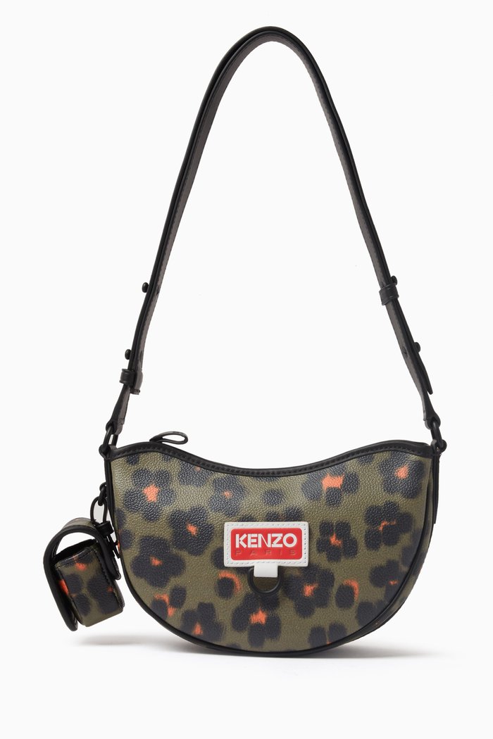

Small Hana Leopard Shoulder Bag in Coated Canvas, Brown