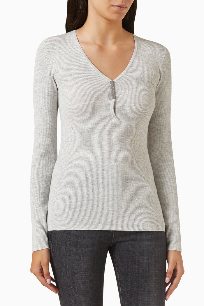 

V-neck Sweater in Rib Knit, Grey