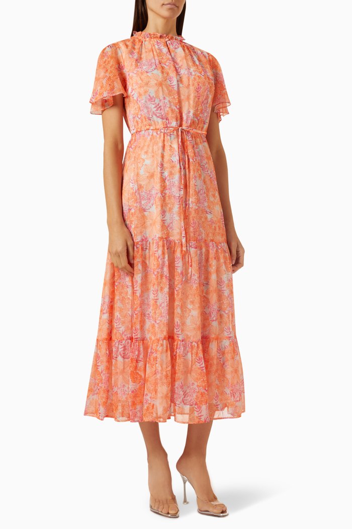Floral-print Ruffled Neckline Maxi Dress in Chiffon, Pink
