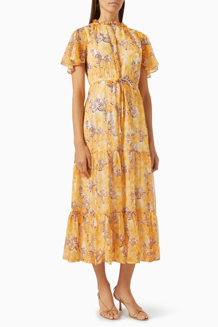 

Floral-print Ruffled Neckline Maxi Dress in Chiffon, Yellow