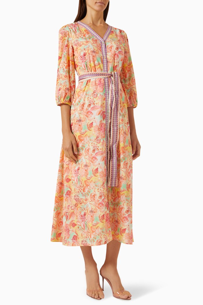 

Floral-print V-neck Maxi Dress in Cotton, Orange