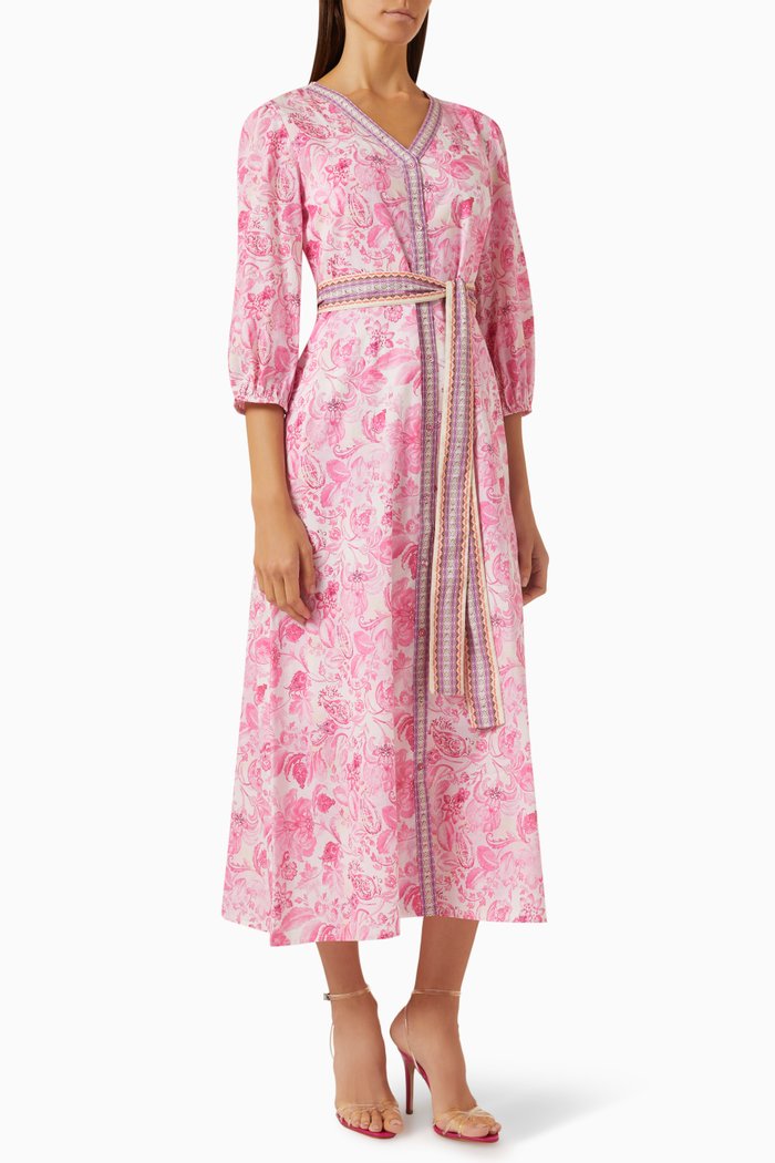 Floral-print V-neck Maxi Dress in Cotton, Pink