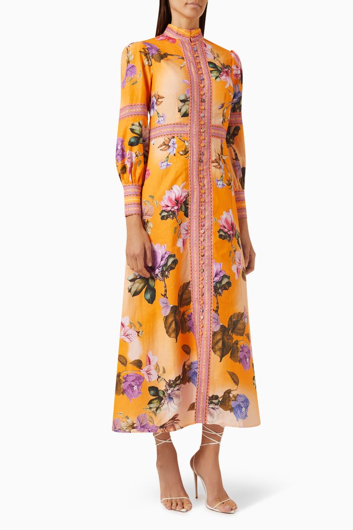 

Floral-print Buttoned Maxi Dress in Linen, Orange
