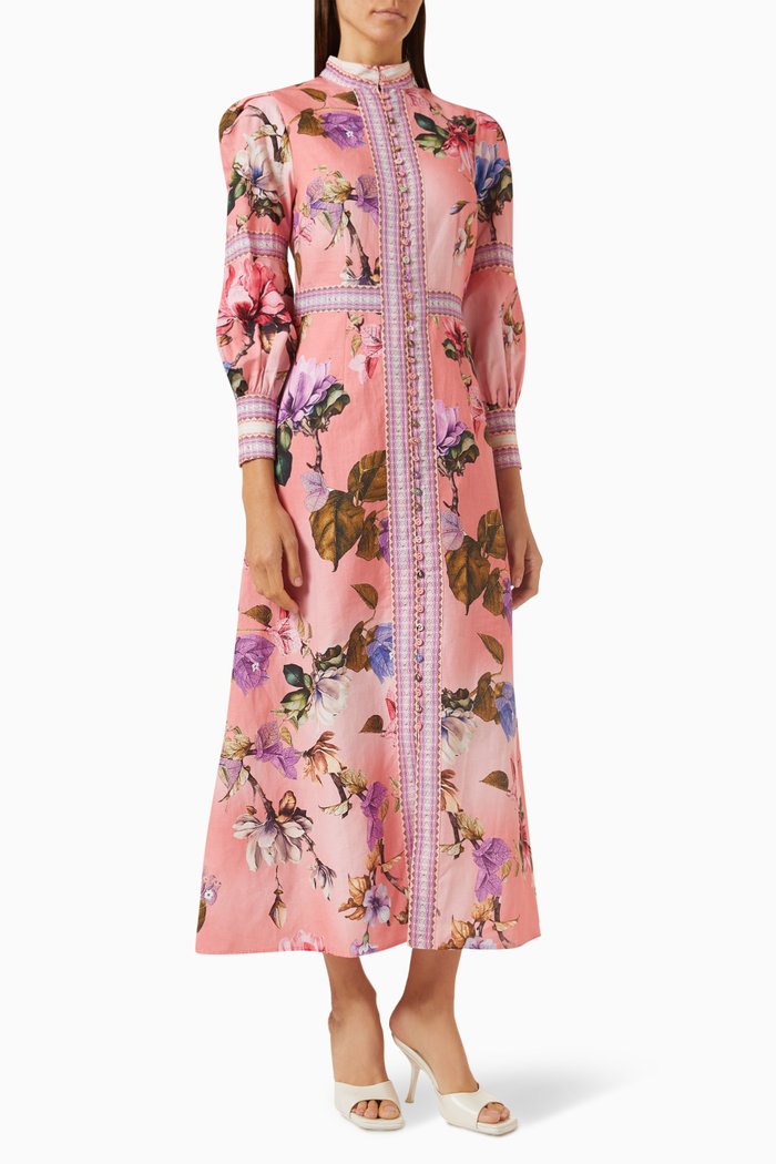 

Floral-print Buttoned Maxi Dress in Linen, Pink