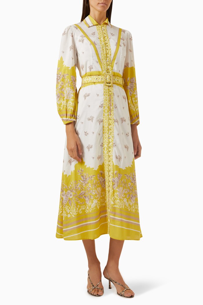 

Floral-print Buckled Shirt Maxi Dress in Cotton, Yellow