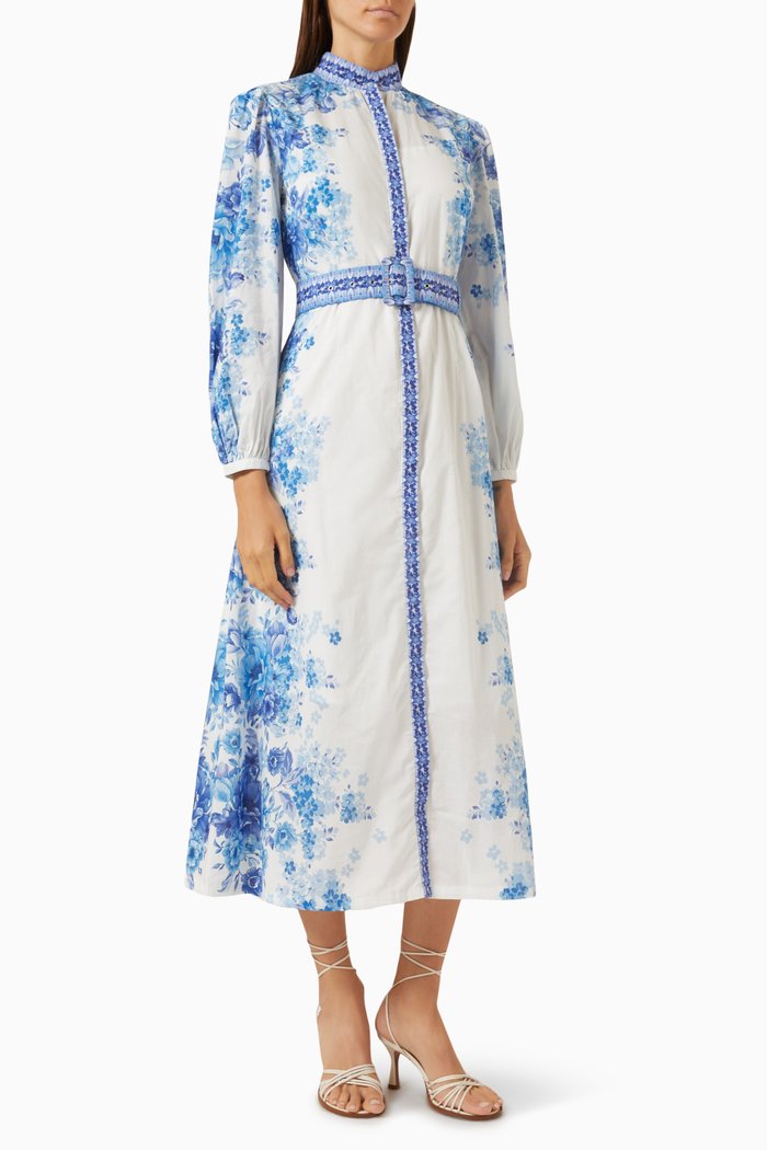 

Floral-print High-neck Maxi Dress in Cotton, Blue