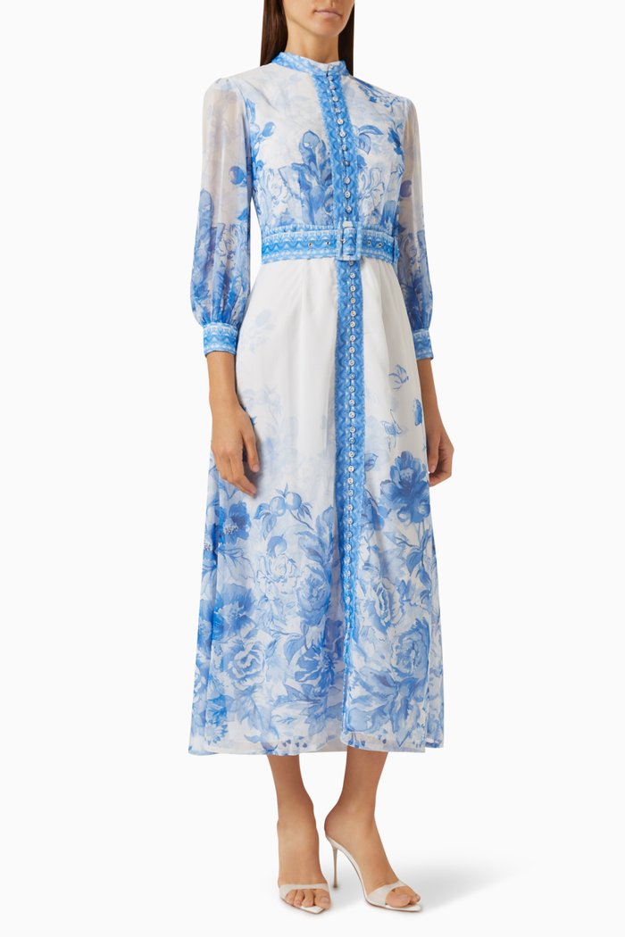

Floral-print Buttoned Maxi Dress in Chiffon, Blue
