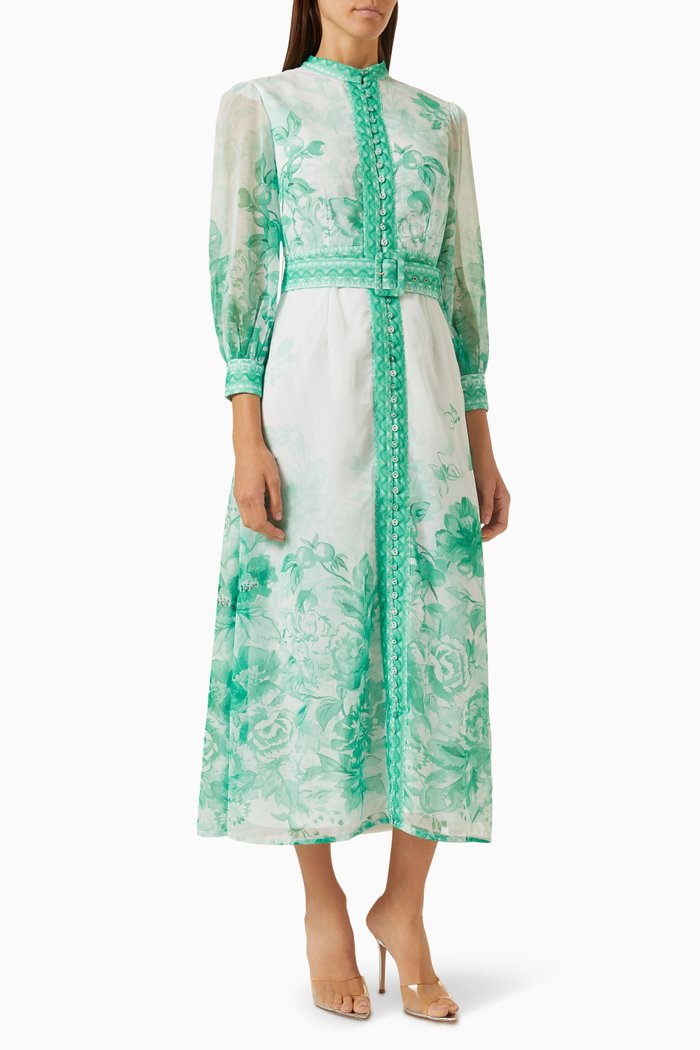 

Floral-print Buttoned Maxi Dress in Chiffon, Green