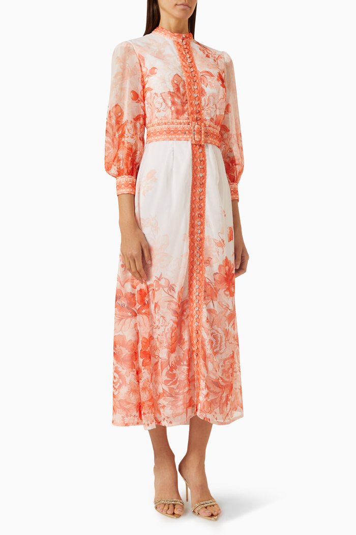 

Floral-print Buttoned Maxi Dress in Chiffon, Orange