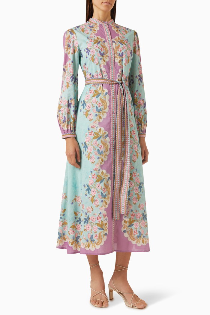 

Floral-print High-neck Buttoned Maxi Dress in Cotton, Pink