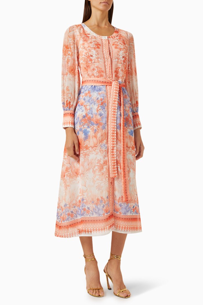 

Floral-print Round-neck Maxi Dress in Chiffon, Orange