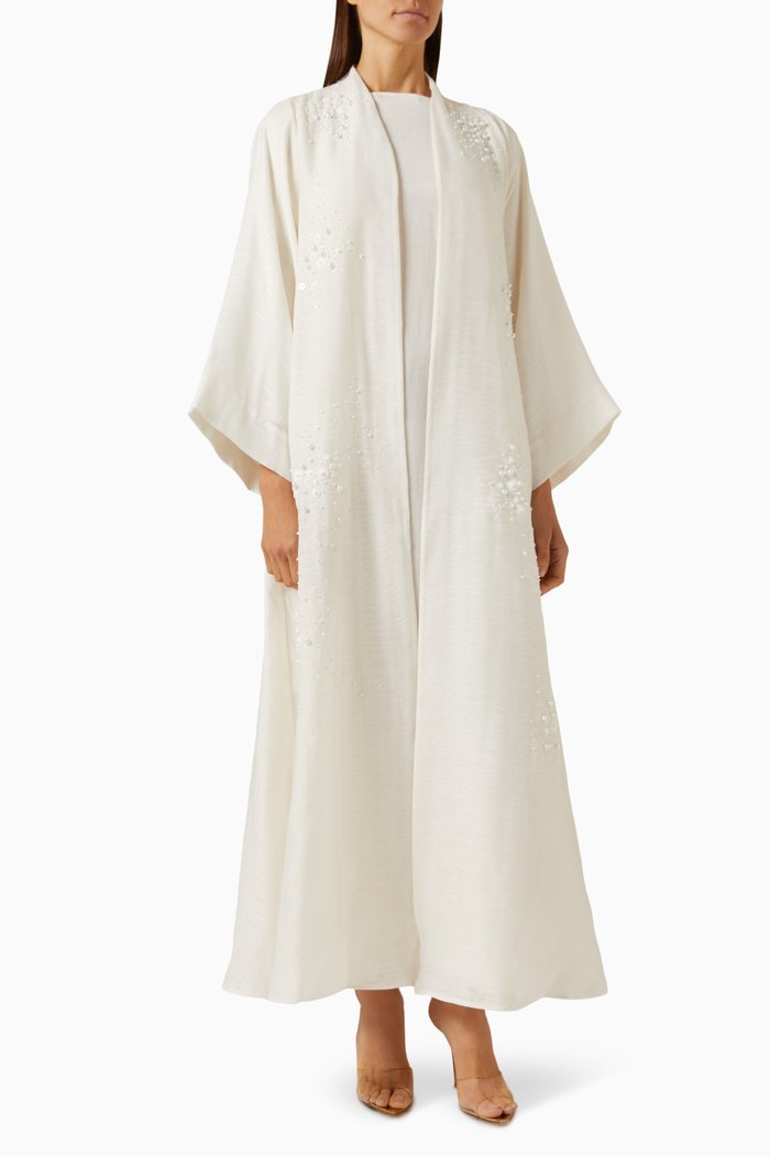 

3-piece Embellished Abaya Set in Cotton & Satin, White