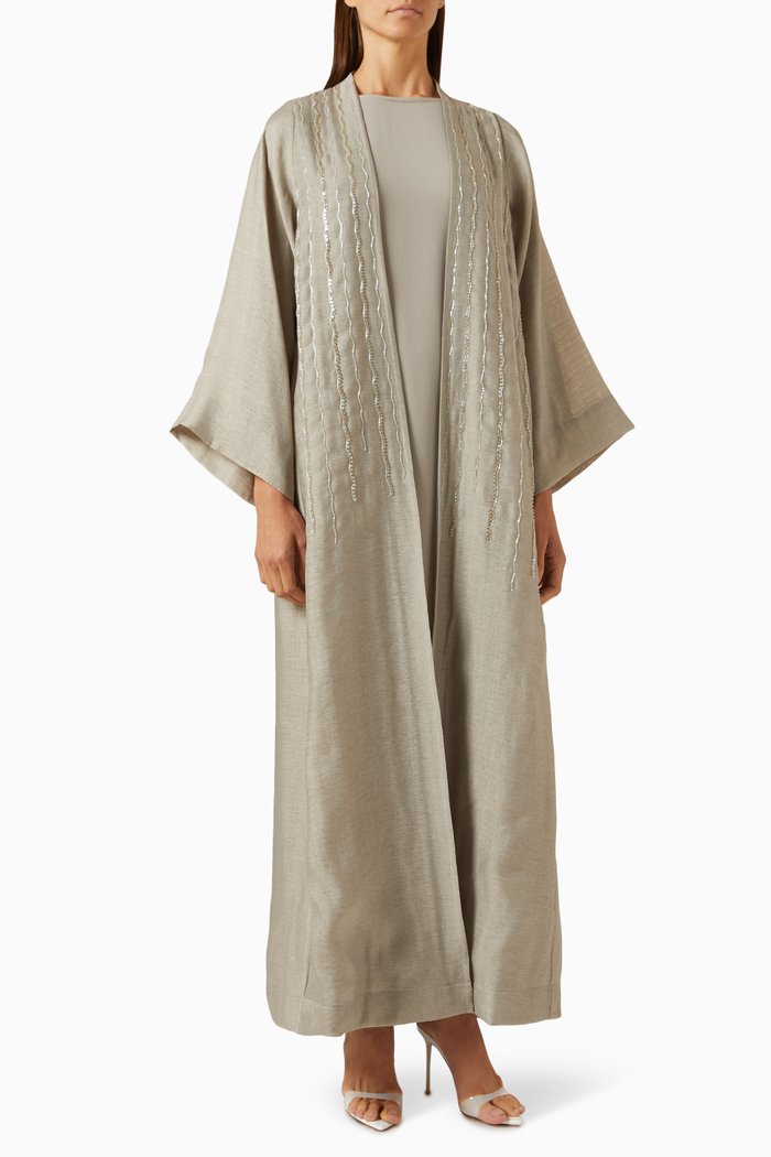 

3-piece Embellished Abaya Set in Cotton & Satin, Green