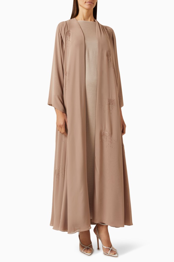 

3-piece Embellished Abaya Set in Chiffon & Satin, Brown