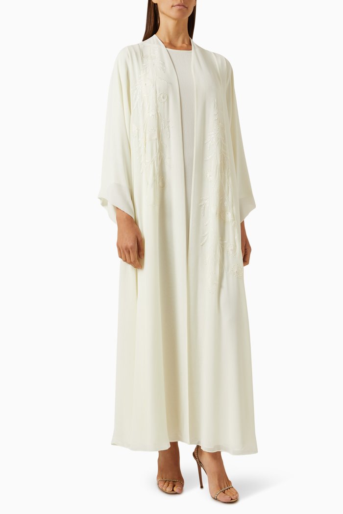 

3-piece Embellished Abaya Set in Chiffon & Satin, White
