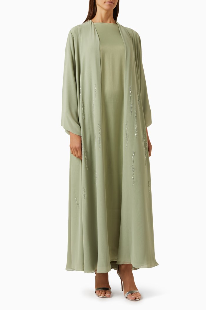 3-piece Embellished Abaya Set in Chiffon & Satin, Green
