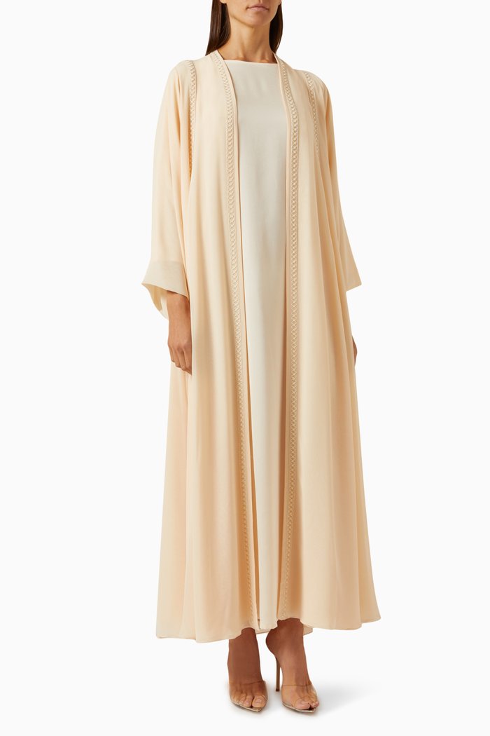 

3-piece Embellished Abaya Set in Chiffon & Satin, Neutral