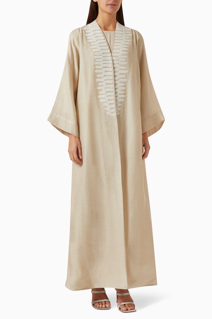 

Embellished Abaya & Dress Set in Cotton-organza, Neutral