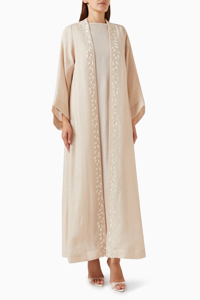 

3-piece Embellished Abaya Set in Cotton & Satin, Neutral