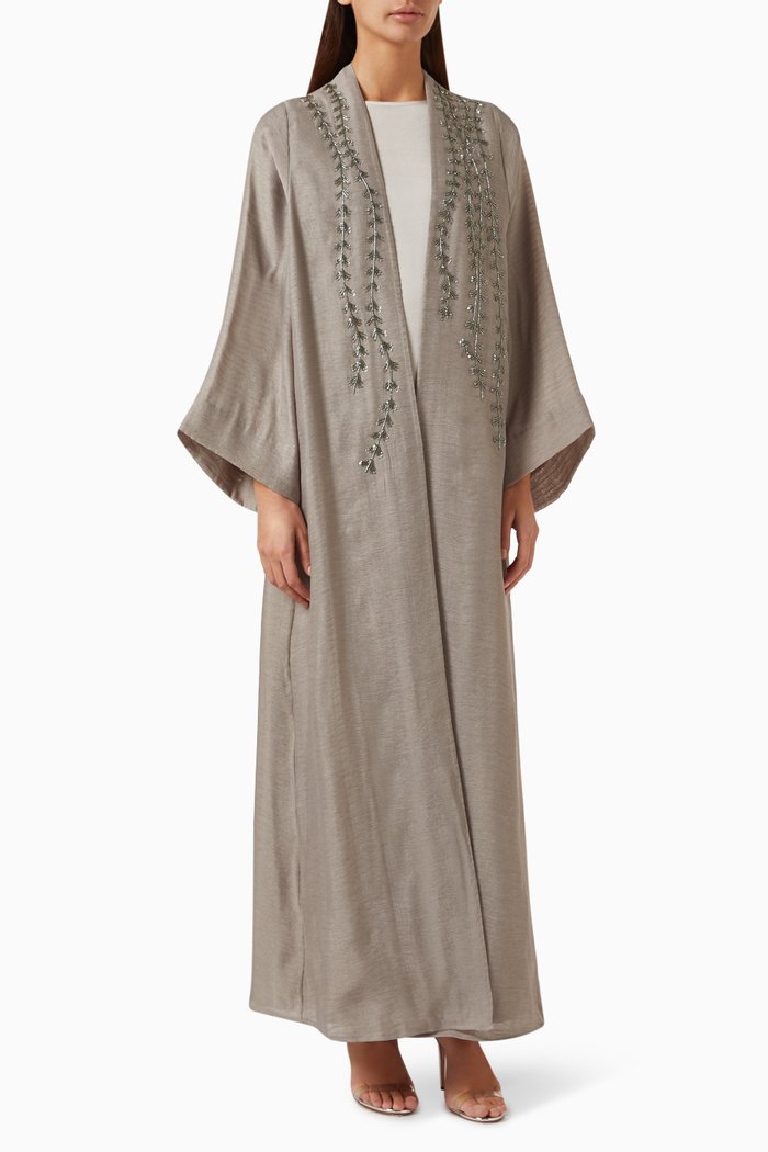 

Embellished Abaya & Dress Set in Cotton-organza, Grey