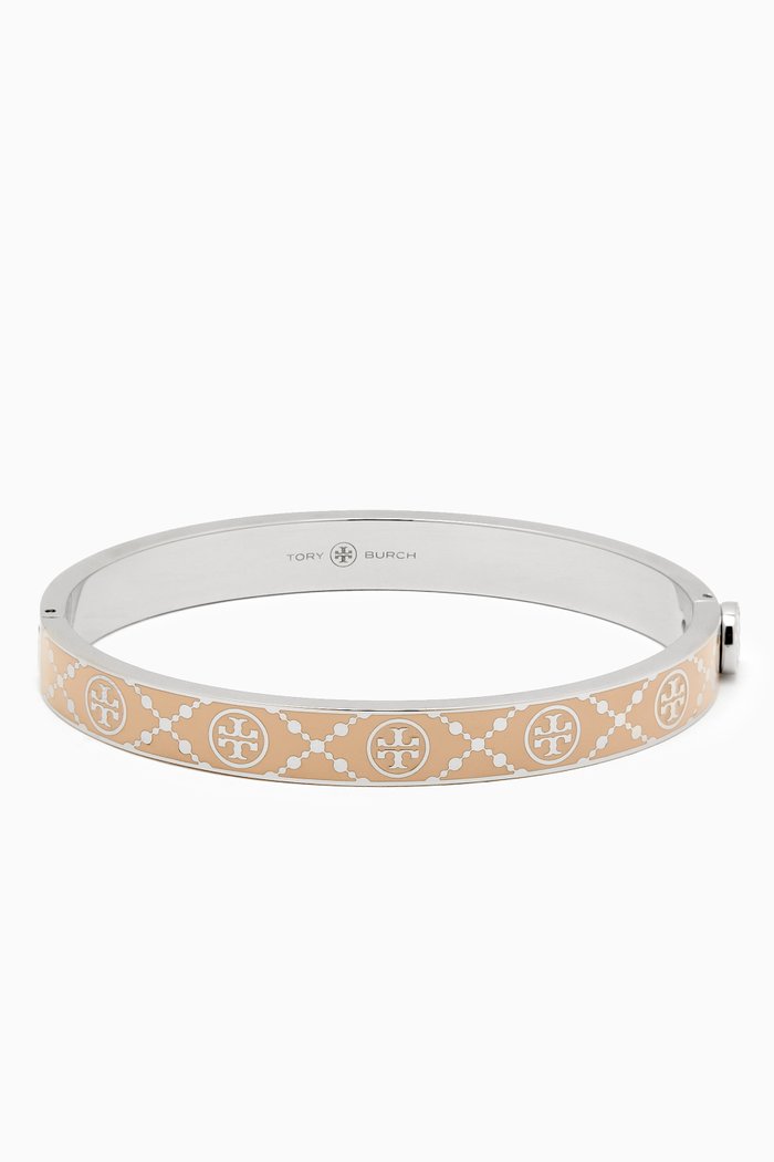 

T Monogram Hinge Enamel Bracelet in Stainless Steel, Silver