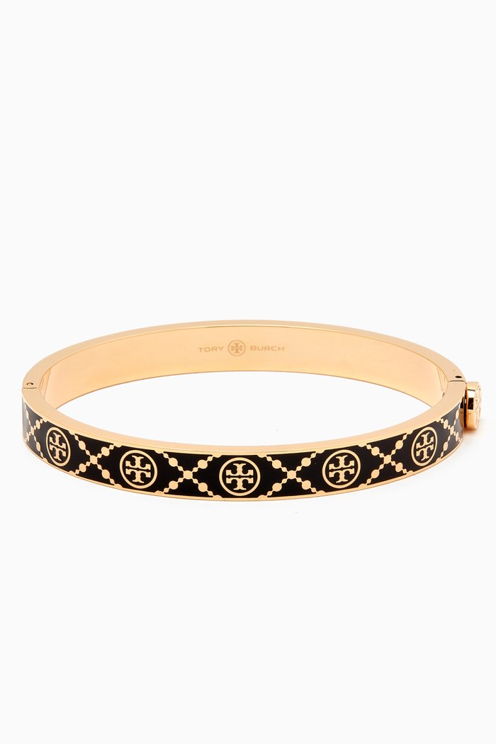 

T Monogram Hinge Enamel Bracelet in Stainless Steel, Gold