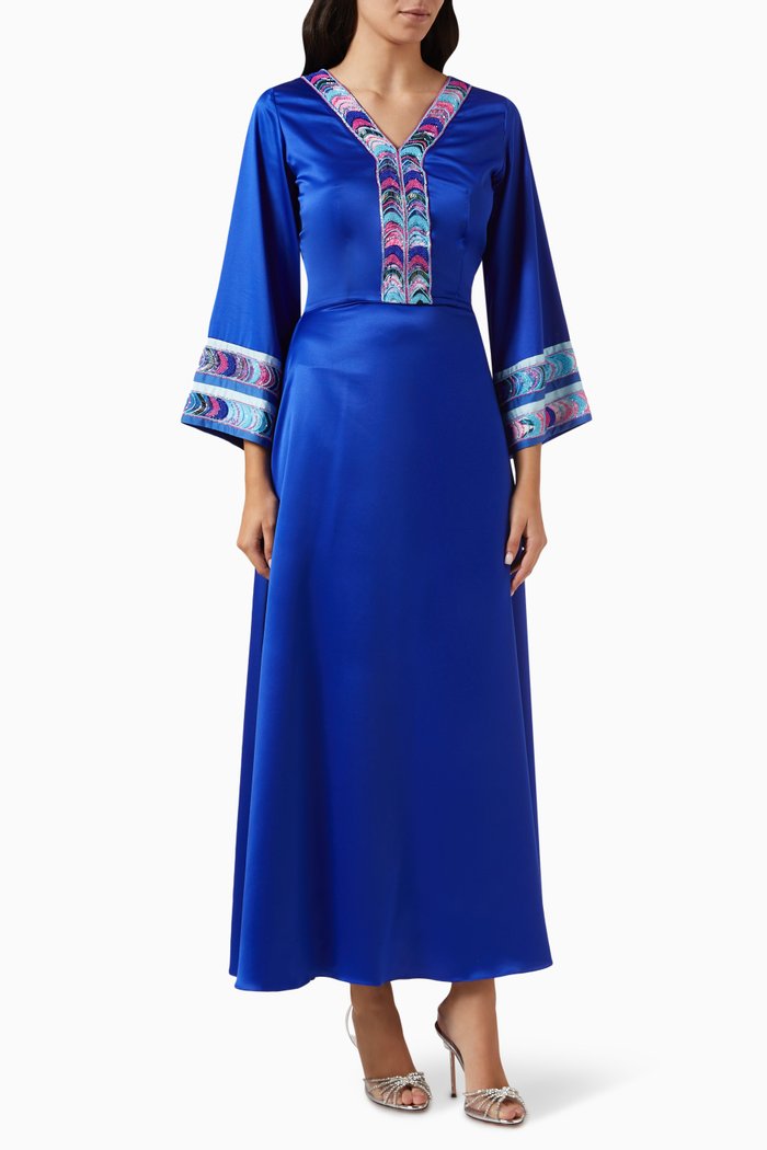 

Embroidered Maxi Dress in Satin, Blue