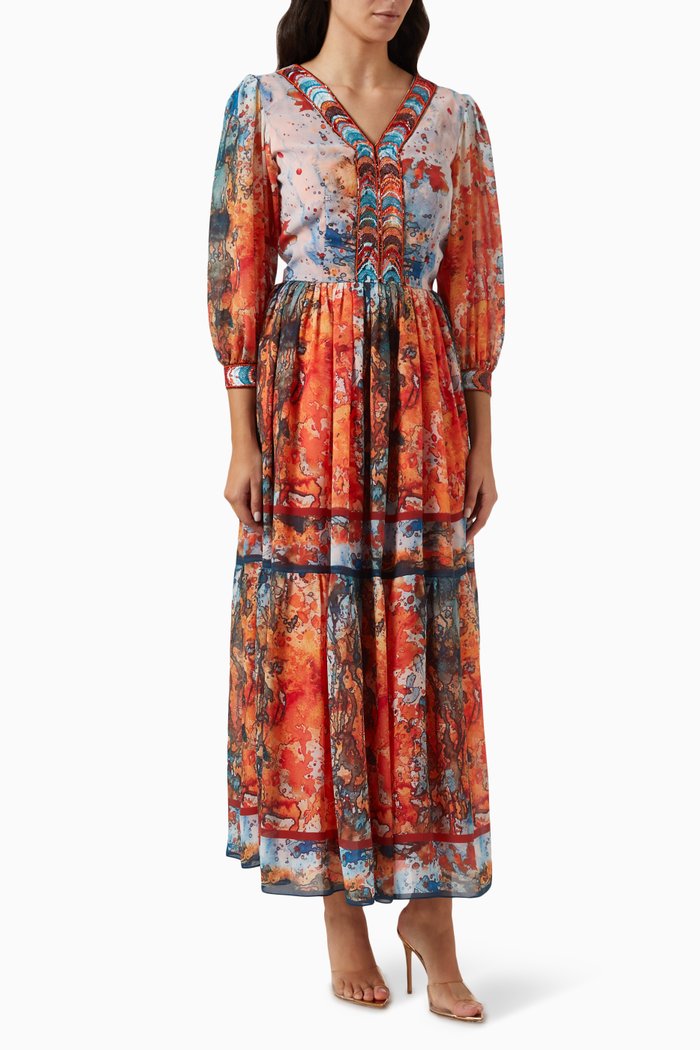 Embroidered Maxi Dress in Chiffon, Multicolour