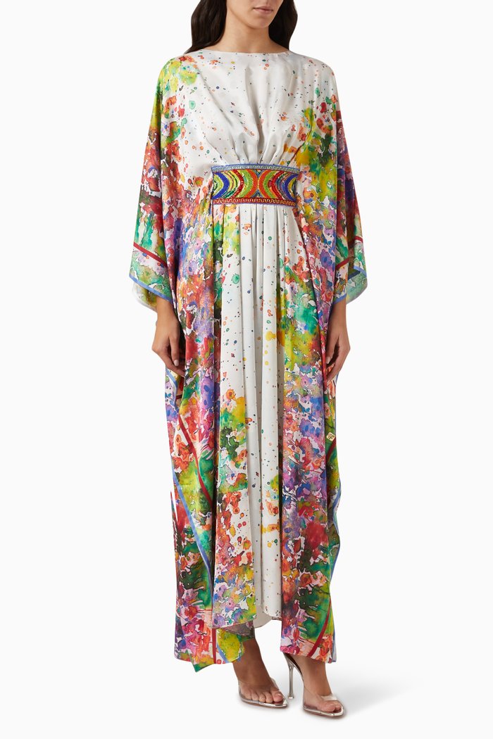 Embroidered Kaftan in Silk-chiffon, Multicolour